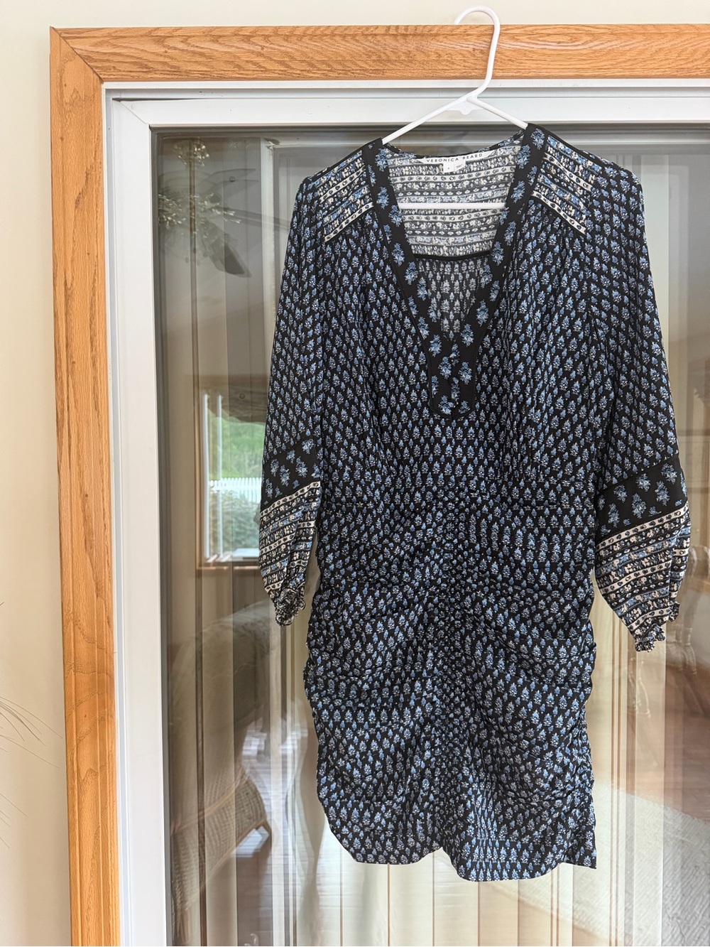 Veronica Beard Navy, White and Light Blue Floral, Paisley Print, Ruched Dress